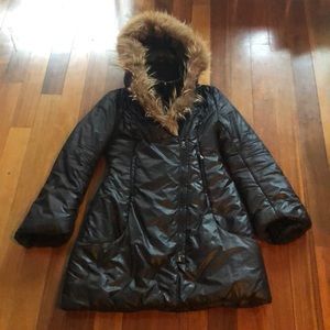 Mackage “Chloe” Black Down Coat w Bell Sleeves, Raccoon Fur & Leather Trim Sz M